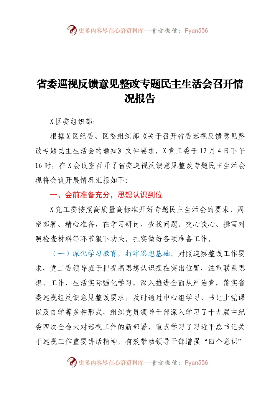 省委巡视反馈意见整改专题民主生活会召开情况报告.docx_第1页
