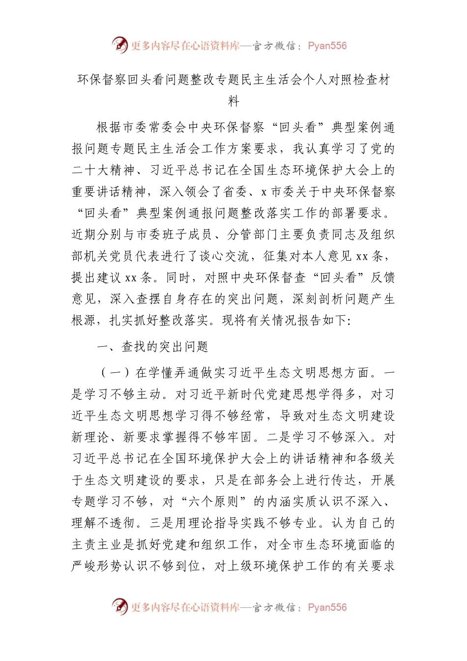 环保督察回头看问题整改专题民主生活会个人对照检查3200字.docx_第1页