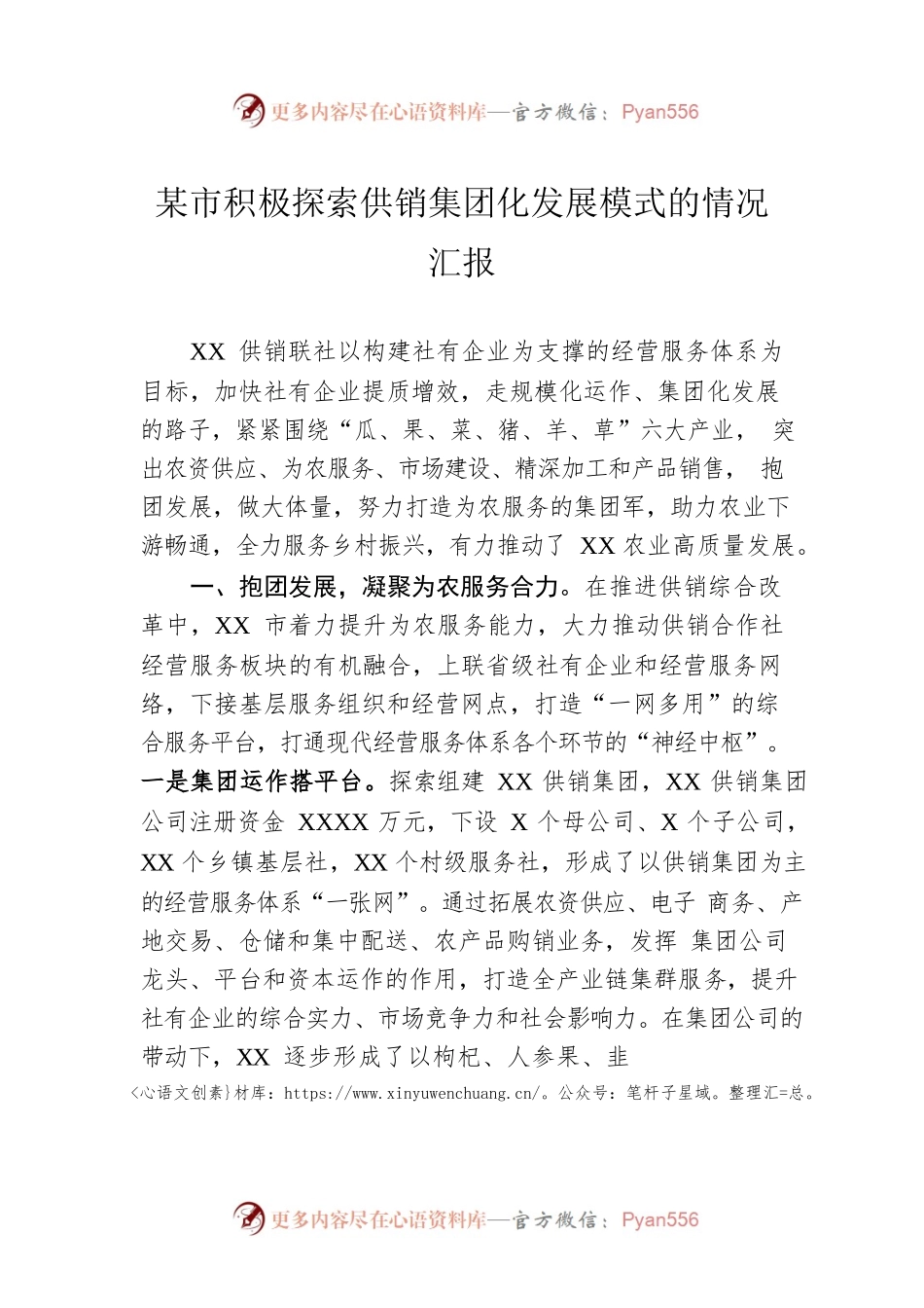 某市积极探索供销集团化发展模式的情况汇报.docx_第1页