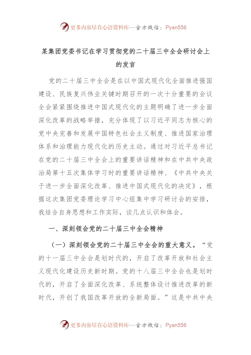某集团党委书记在学习贯彻党的二十届三中全会研讨会上的发言.docx_第1页