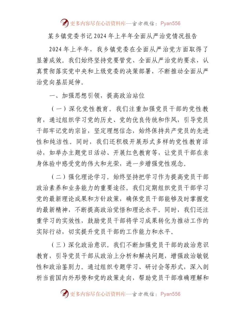 某乡镇党委书记2024年上半年全面从严治党情况报告.docx_第1页