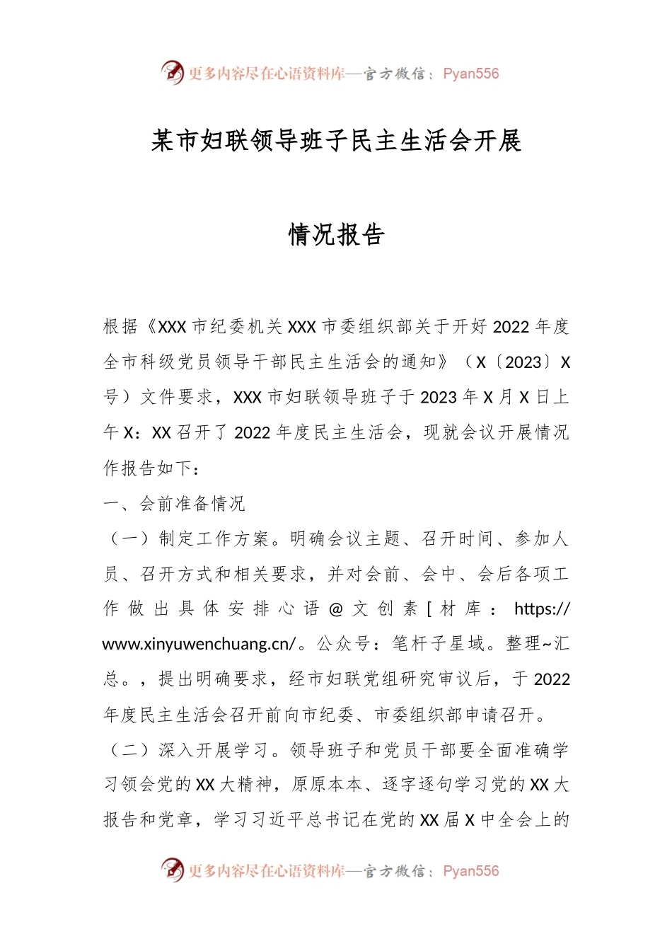 某市妇联领导班子民主生活会开展情况报告.docx_第1页