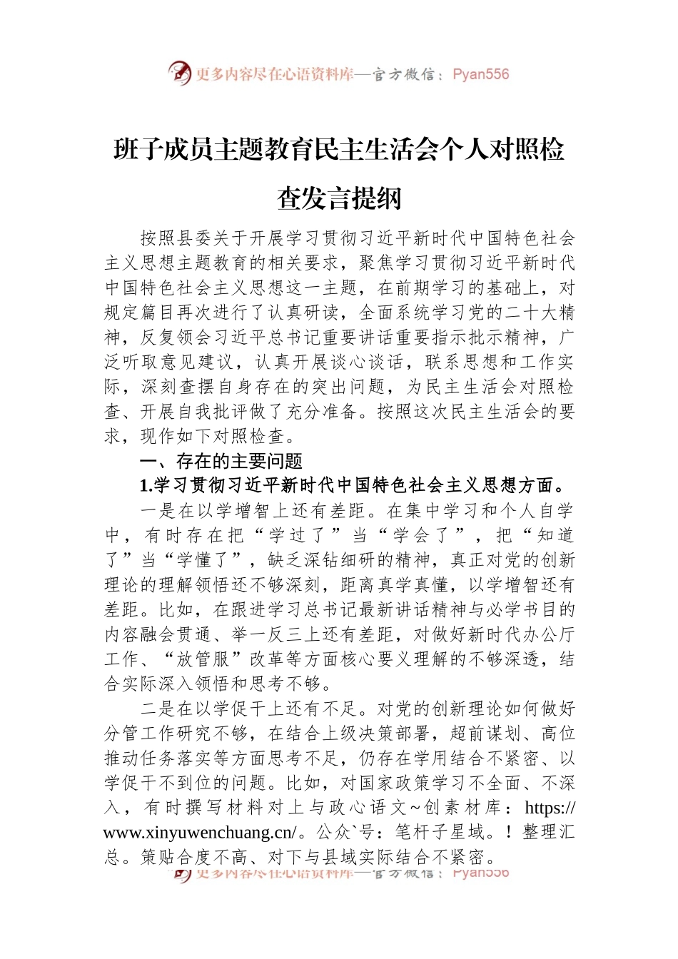 班子成员主题教育民主生活会个人对照检查发言稿提纲.docx_第1页