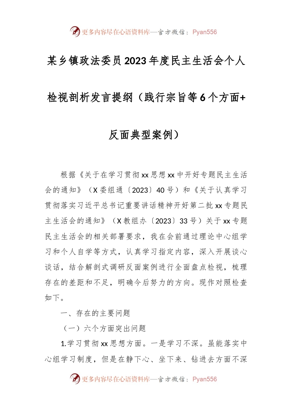 某乡镇政法委员2023年度民主生活会个人检视剖析发言稿提纲（践行宗旨等6个方面+反面典型案例）.docx_第1页