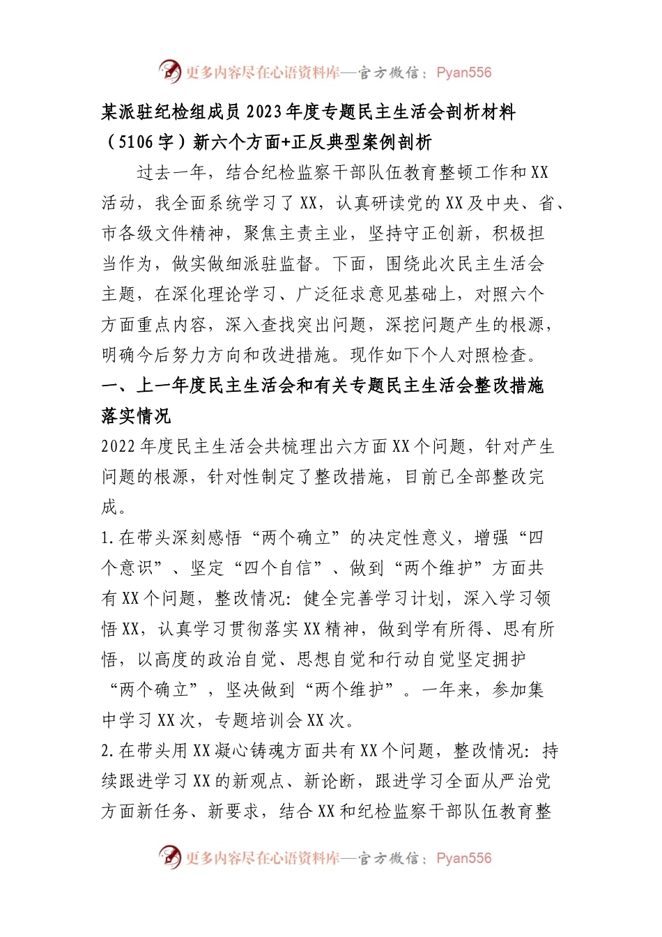 派驻纪检组成员2023年度专题民主生活会剖析材料（践行宗旨等6个方面+正反典型案例剖析）.docx_第1页