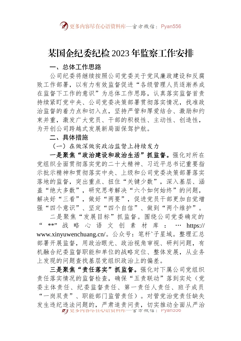 某国企纪委纪检2023年监察工作安排.docx_第1页