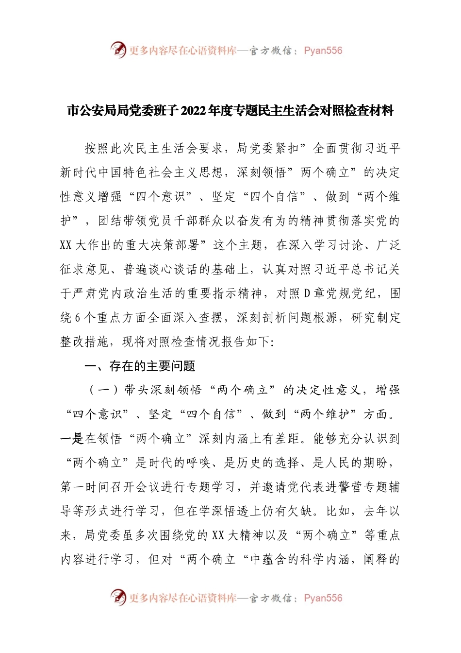 班子市公安局局党委班子2022年度专题民主生活会对照检查材料.docx_第1页
