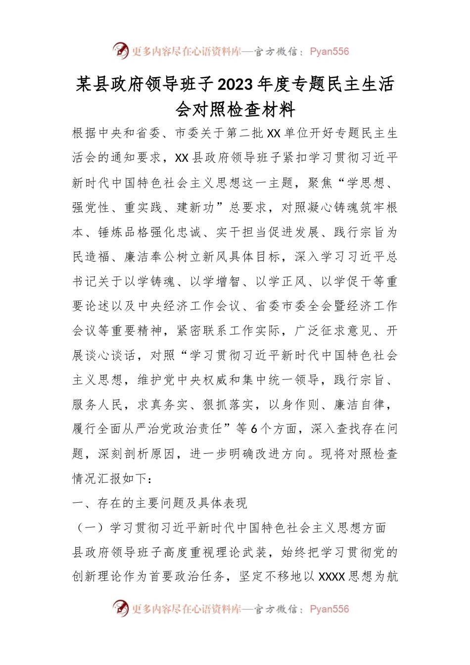 某县政府领导班子2023年度专题民主生活会对照检查材料.docx_第1页