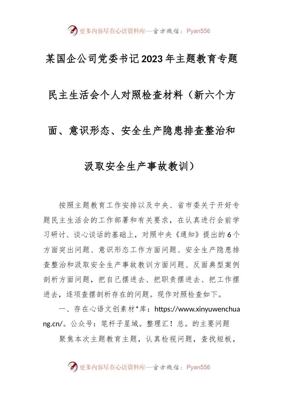 某国企公司党委书记2023年主题教育专题民主生活会个人对照检查材料（新六个方面、意识形态、安全生产隐患排查整治和汲取安全生产事故教训）.docx_第1页