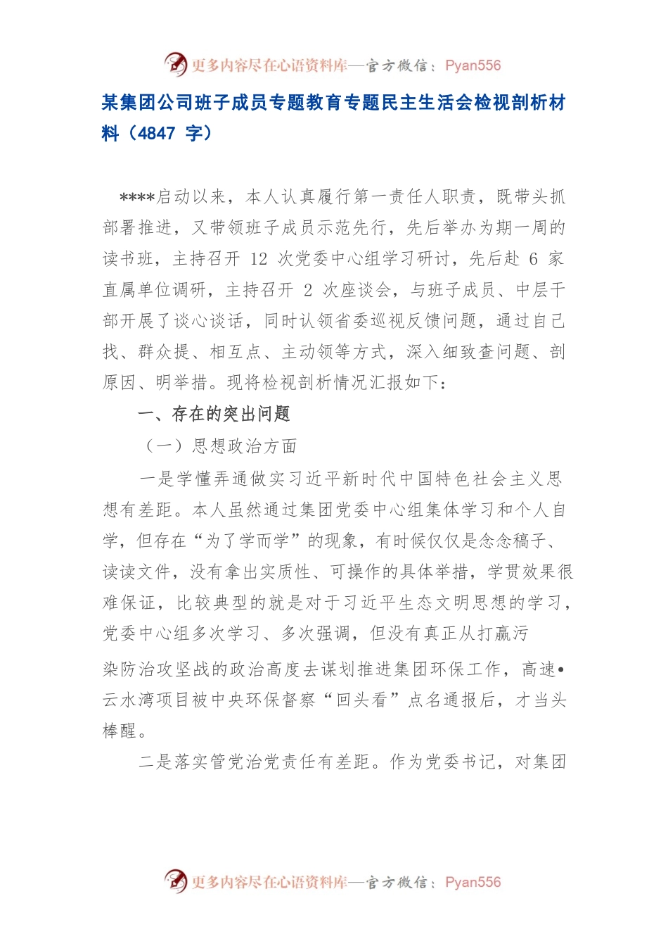 某集团公司班子成员专题教育专题民主生活会检视剖析材料.docx_第1页