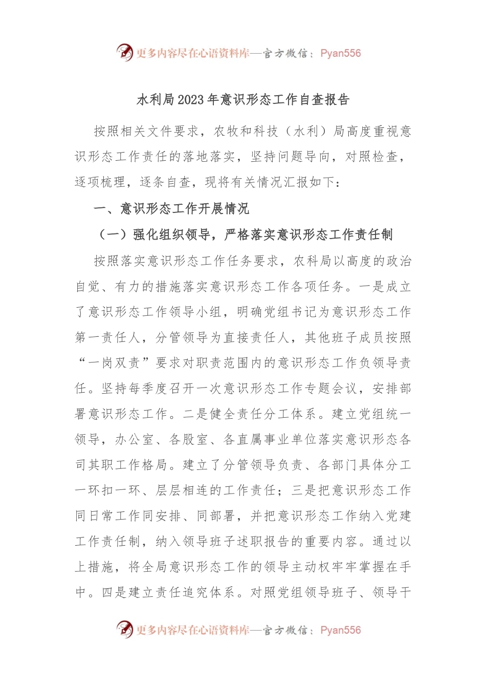 水利局2023年意识形态工作自查报告.docx_第1页