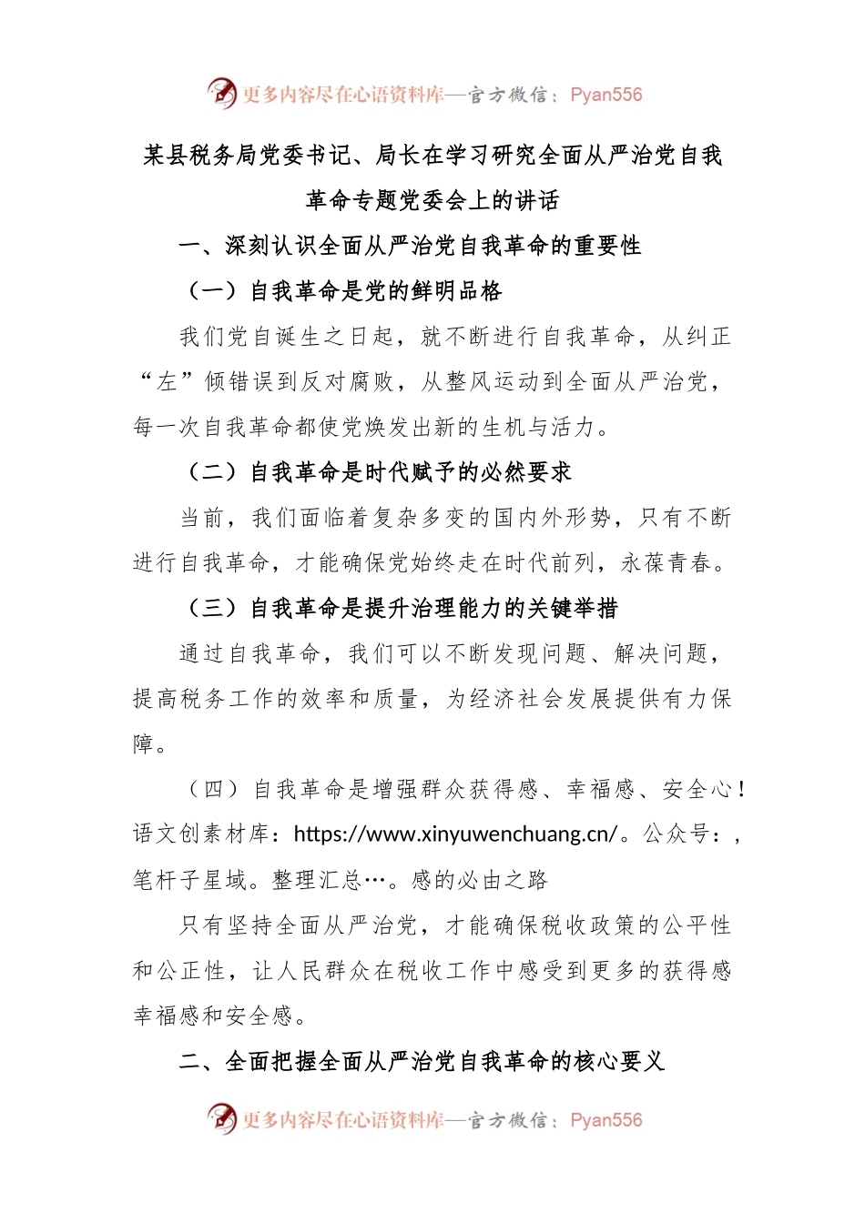 某县税务局党委书记、局长在学习研究全面从严治党自我革命专题党委会上的讲话.docx_第1页