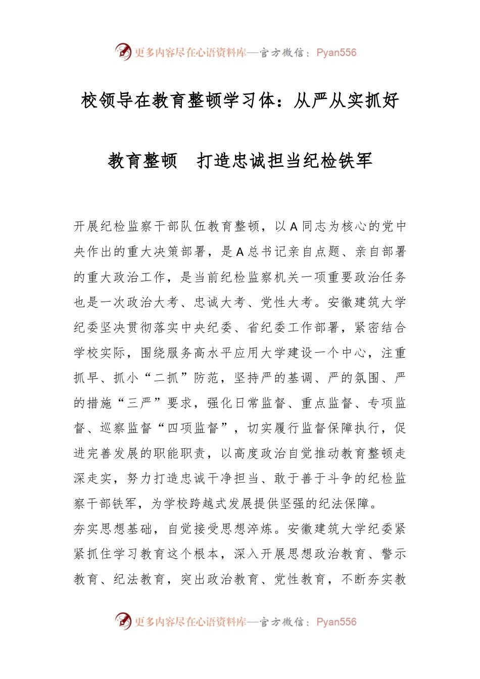 校领导在教育整顿学习体：从严从实抓好教育整顿  打造忠诚担当纪检铁军.docx_第1页