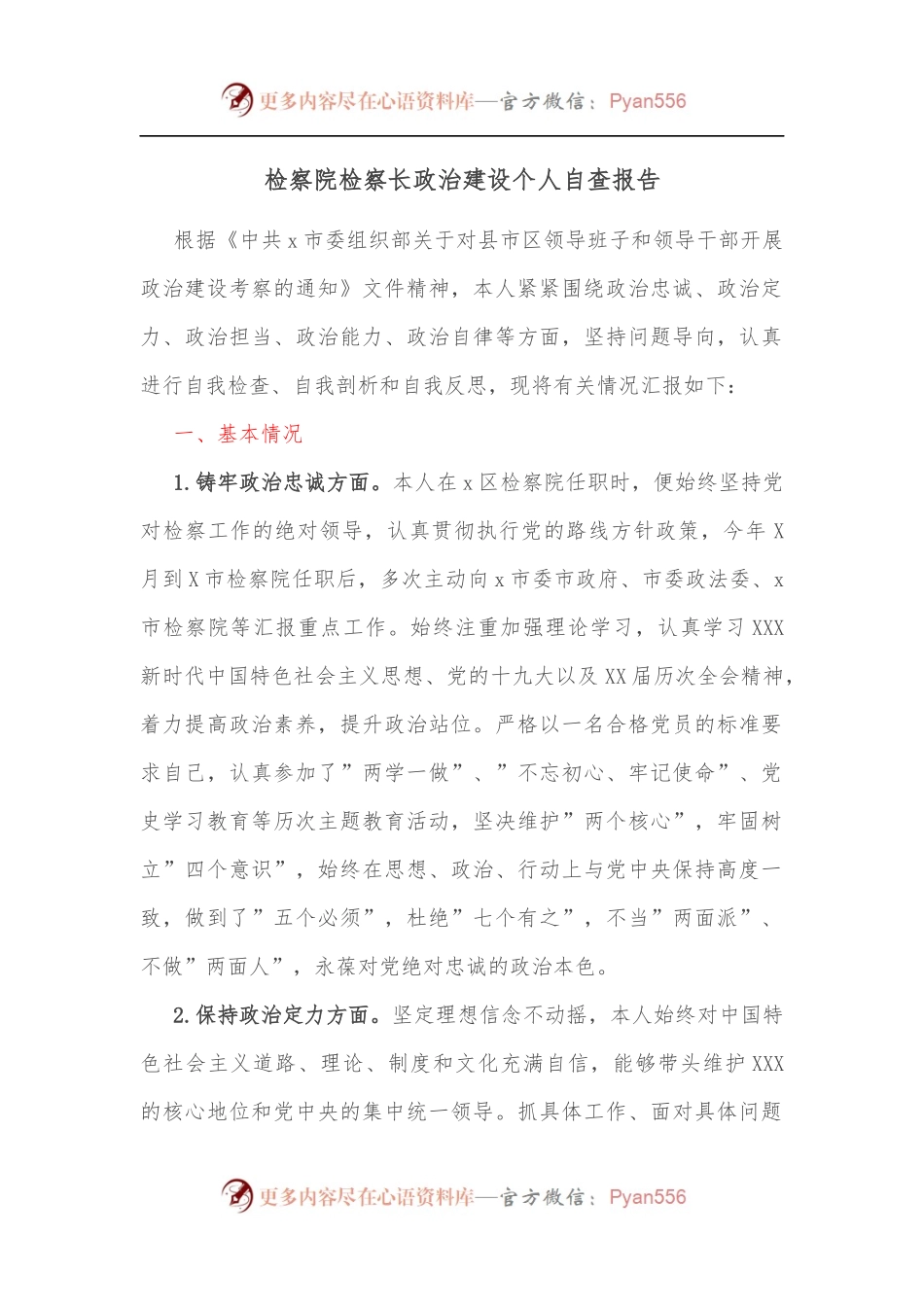 检察院检察长政治建设个人自查报告.docx_第1页
