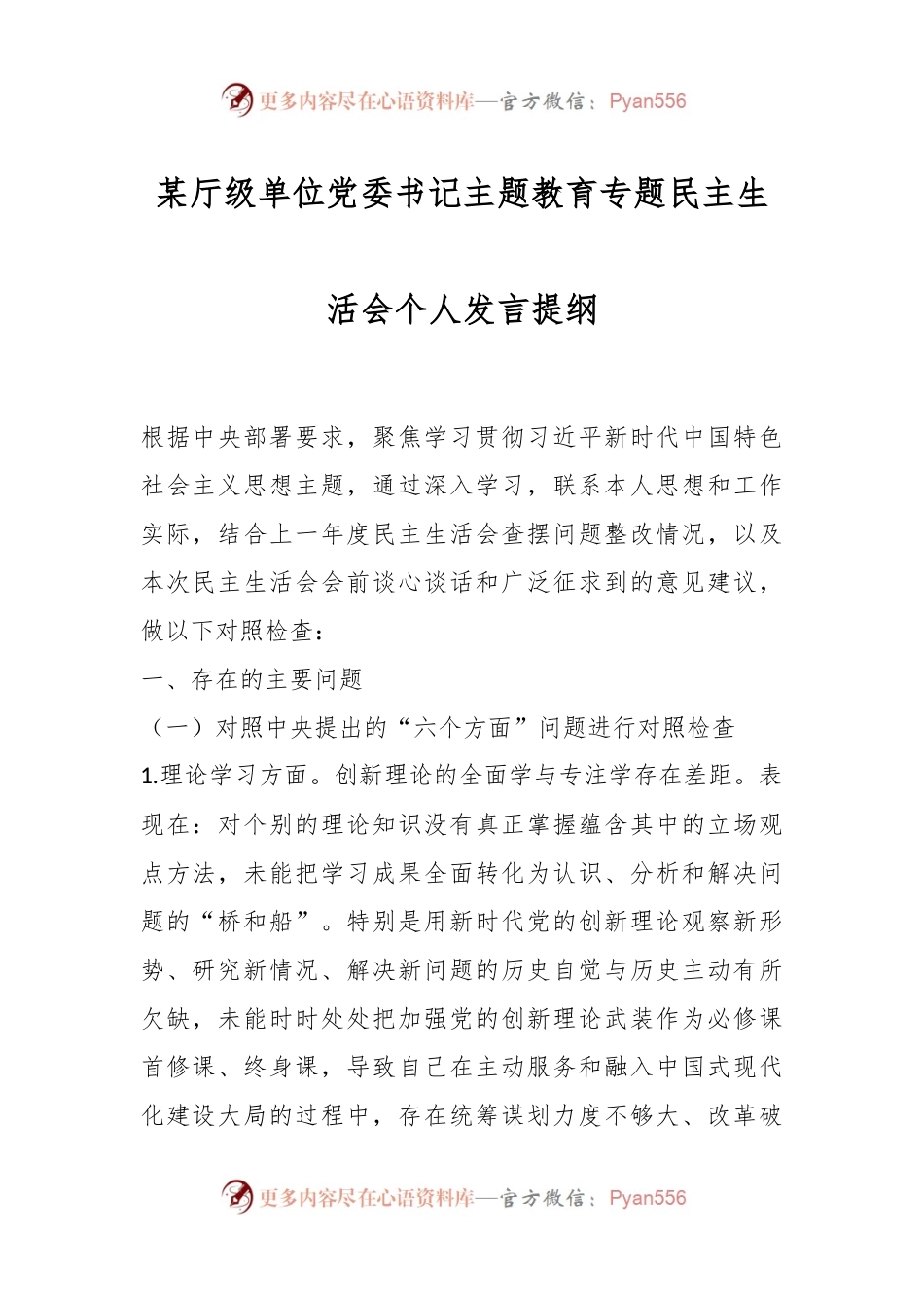 某厅级单位党委书记主题教育专题民主生活会个人发言提纲.docx_第1页