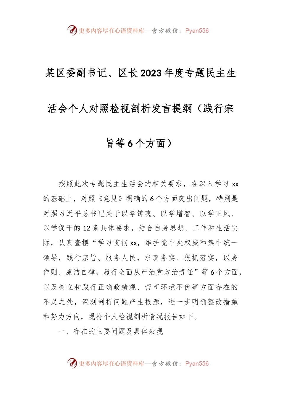 某区委副书记、区长2023年度专题民主生活会个人对照检视剖析发言稿提纲（践行宗旨等6个方面）.docx_第1页