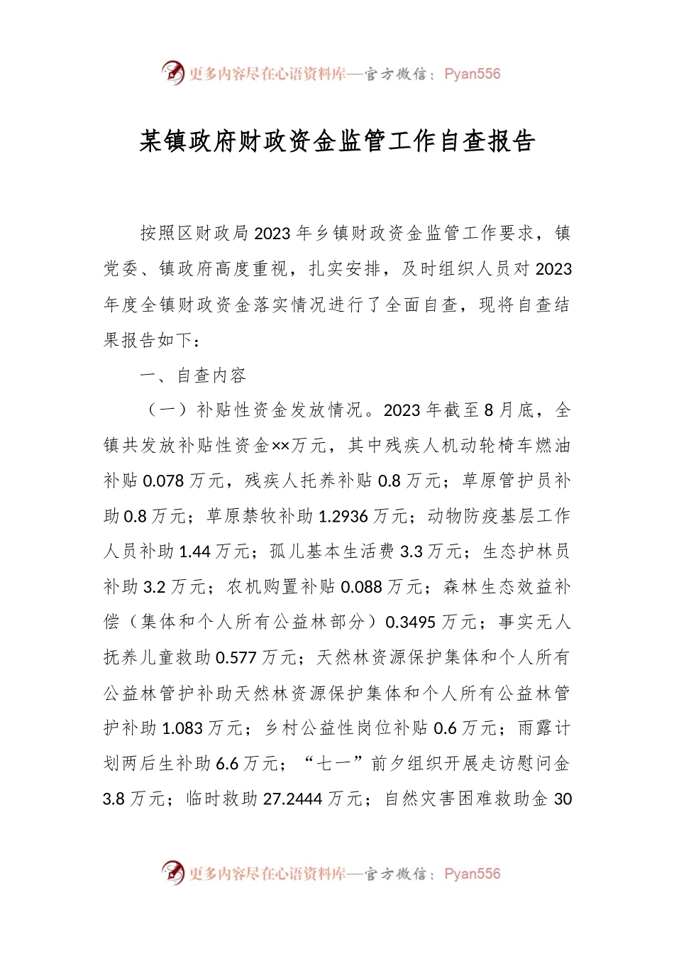 某镇政府财政资金监管工作自查报告.docx_第1页