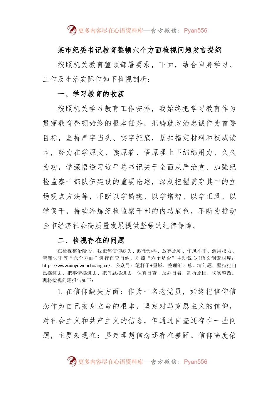某市纪委书记教育整顿六个方面检视问题发言提纲.docx_第1页
