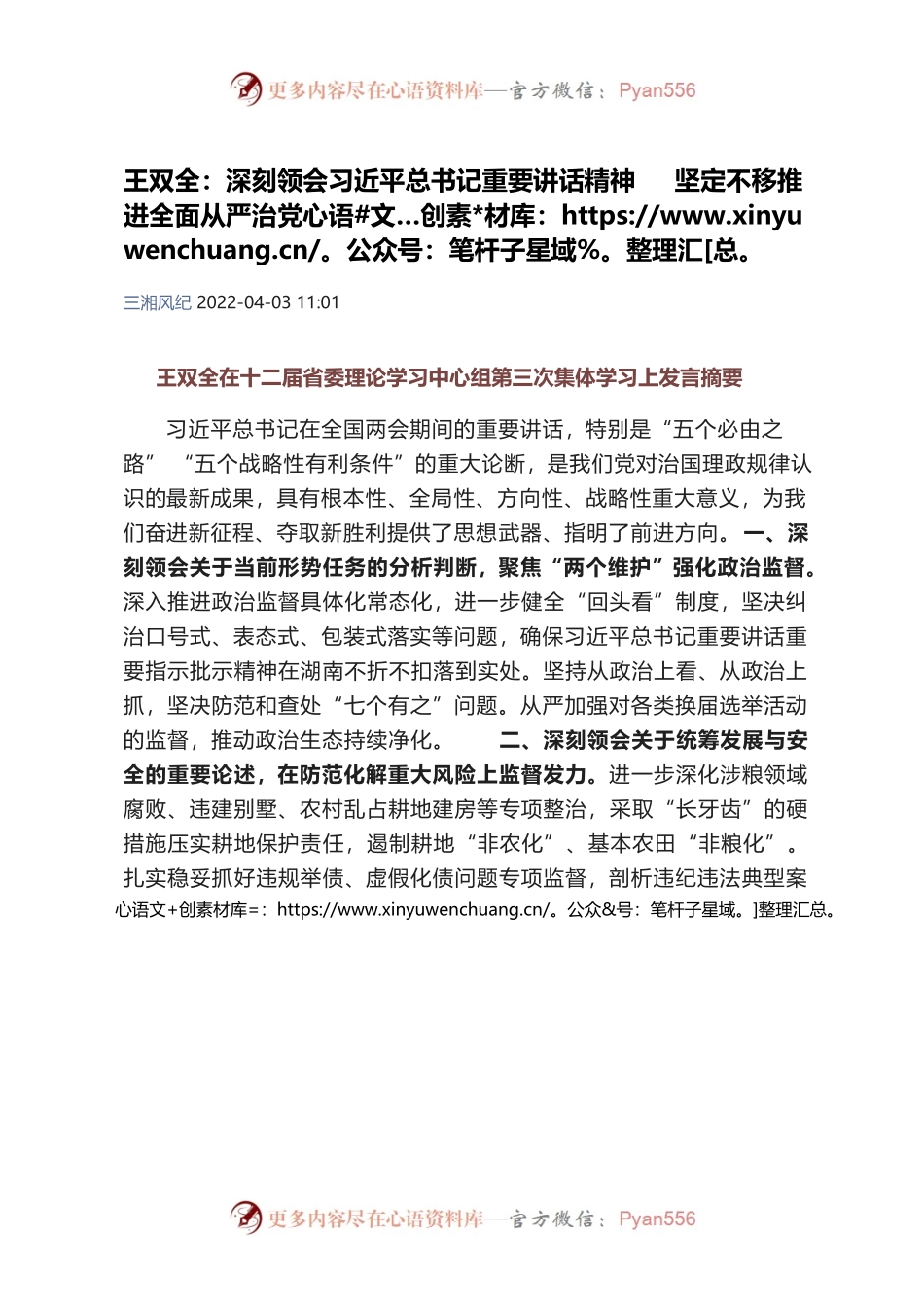 王双全：深刻领会习近平总书记重要讲话精神 坚定不移推进全面从严治党.docx_第1页