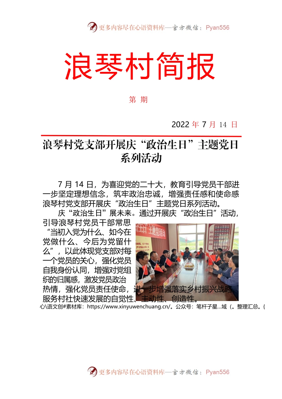 浪琴村党支部开展庆“政治生日”主题党日系列活动——简报（20220714）.docx_第1页