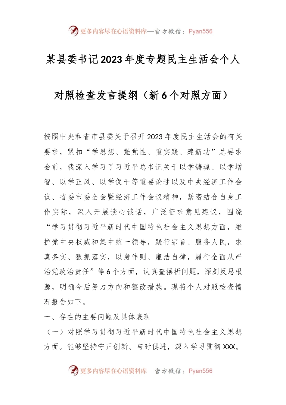 某县委书记2023年度专题民主生活会个人对照检查发言稿提纲（新6个对照方面）.docx_第1页