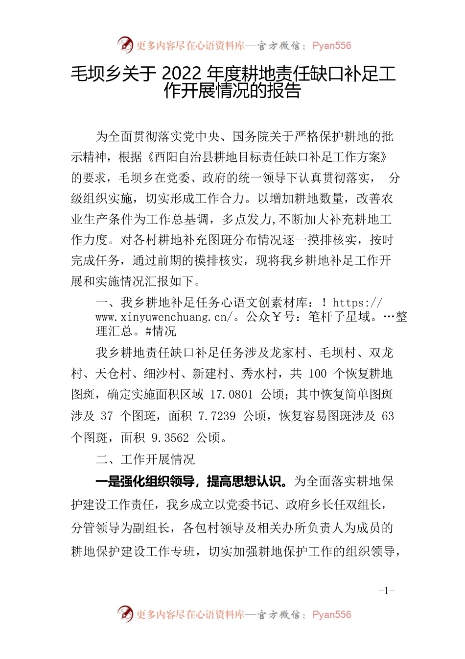 毛坝乡关于2022年度耕地责任缺口补足工作开展情况的报告.docx_第1页
