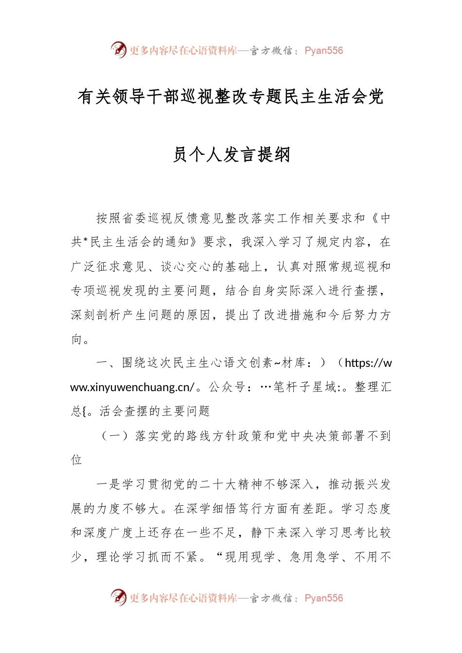 有关领导干部巡视整改专题民主生活会党员个人发言提纲.docx_第1页