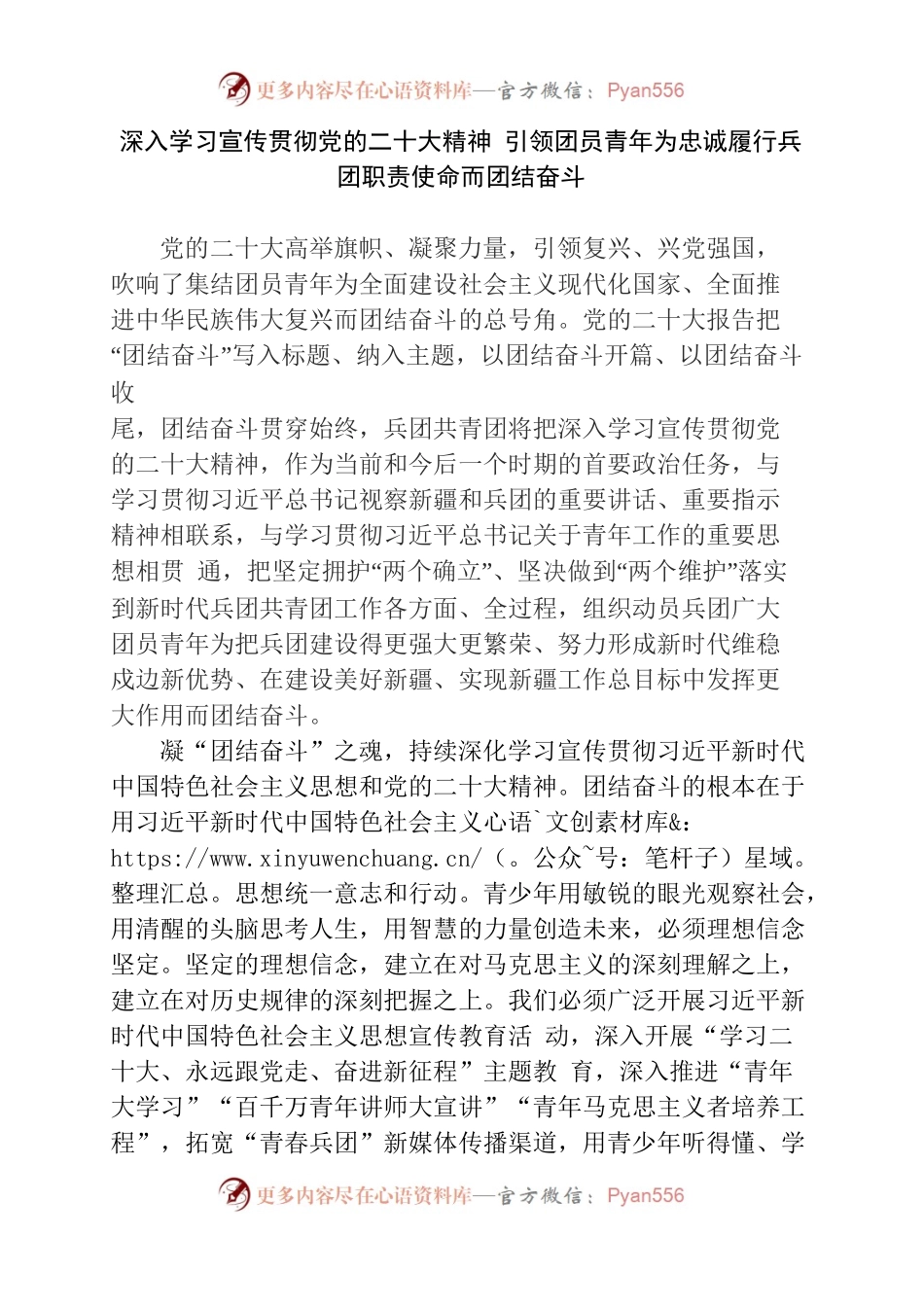 深入学习宣传贯彻党的二十大精神 引领团员青年为忠诚履行兵团职责使命而团结奋斗.docx_第1页