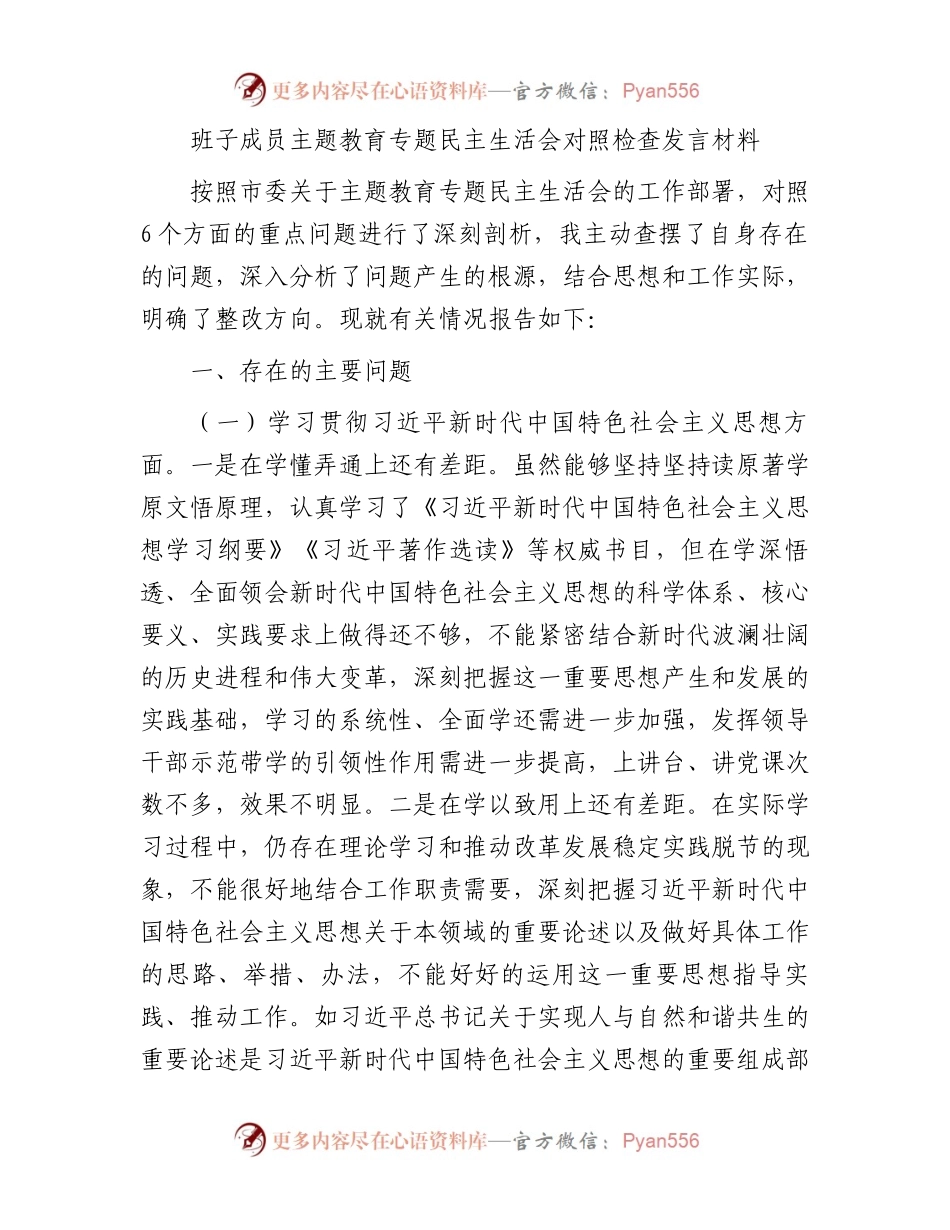 班子成员主题教育专题民主生活会对照检查发言材料.docx_第1页