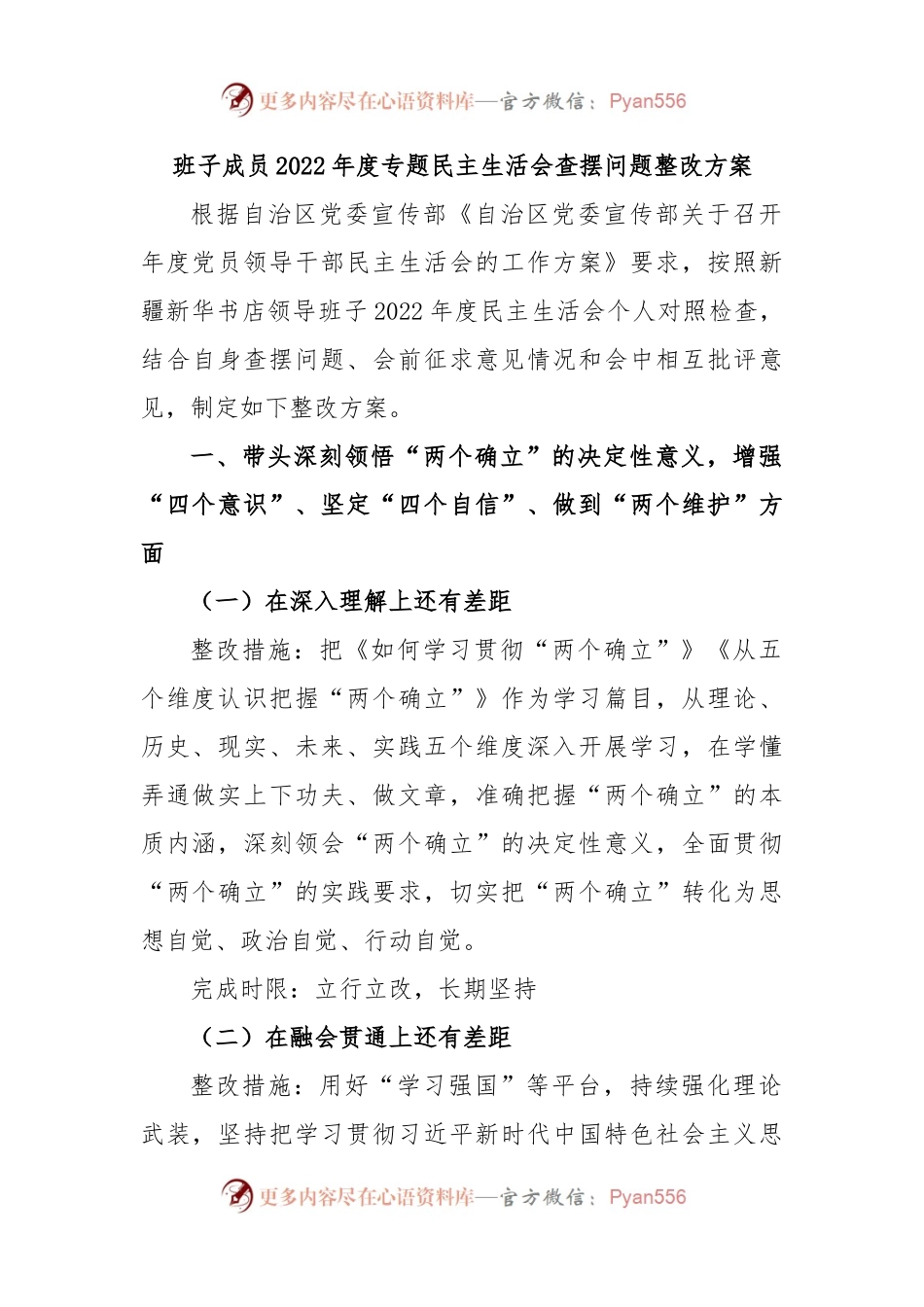班子成员2022年度专题民主生活会查摆问题整改方案.docx_第1页