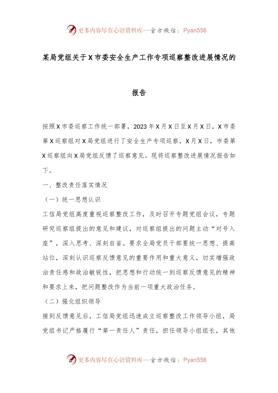 某局党组关于X市委安全生产工作专项巡察整改进展情况的报告.docx_第1页