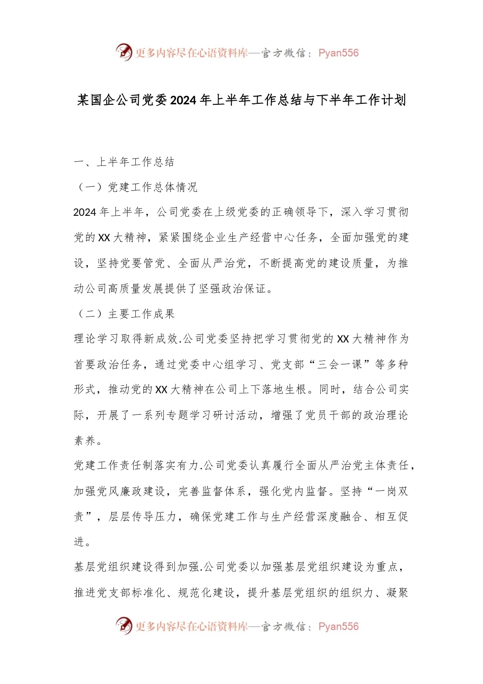 某国企公司党委2024年上半年工作总结与下半年工作计划.docx_第1页