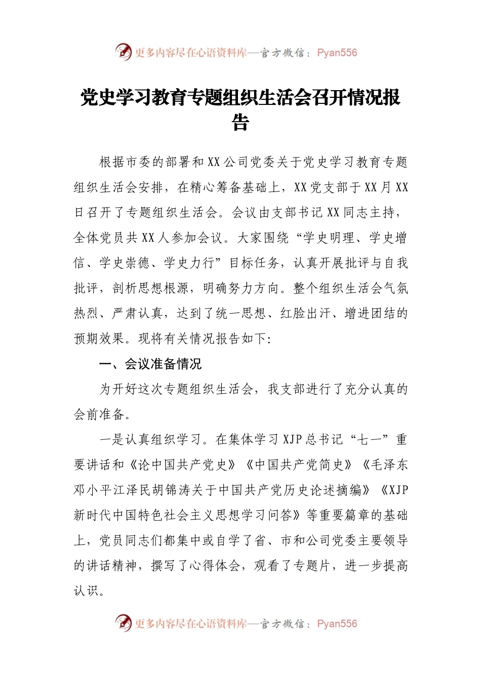 生活会53：党史学习教育专题组织生活会召开情况报告.docx_第1页