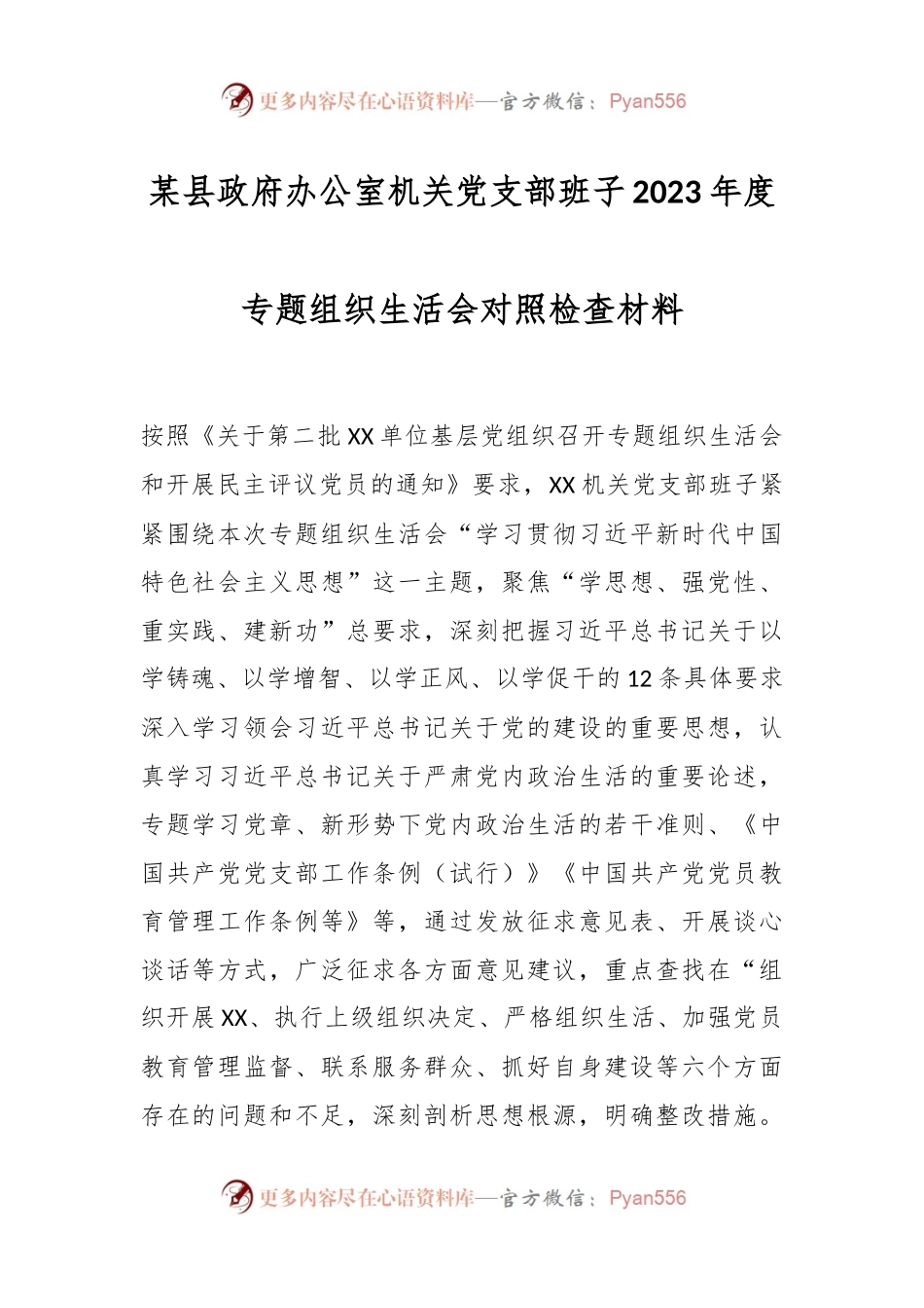 某县政府办公室机关党支部班子2023年度专题组织生活会对照检查材料.docx_第1页