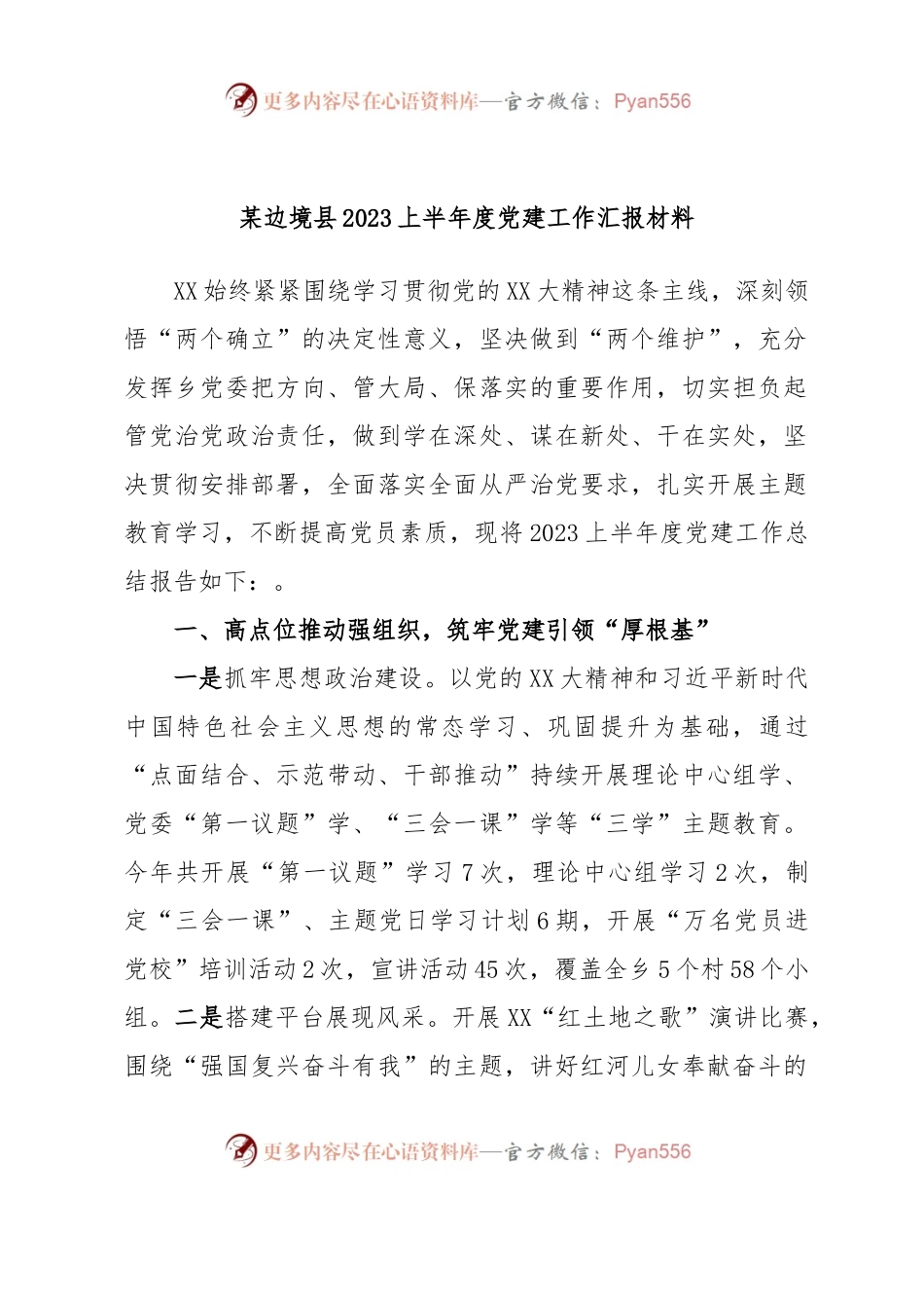 某边境县2023上半年度党建工作汇报材料.docx_第1页