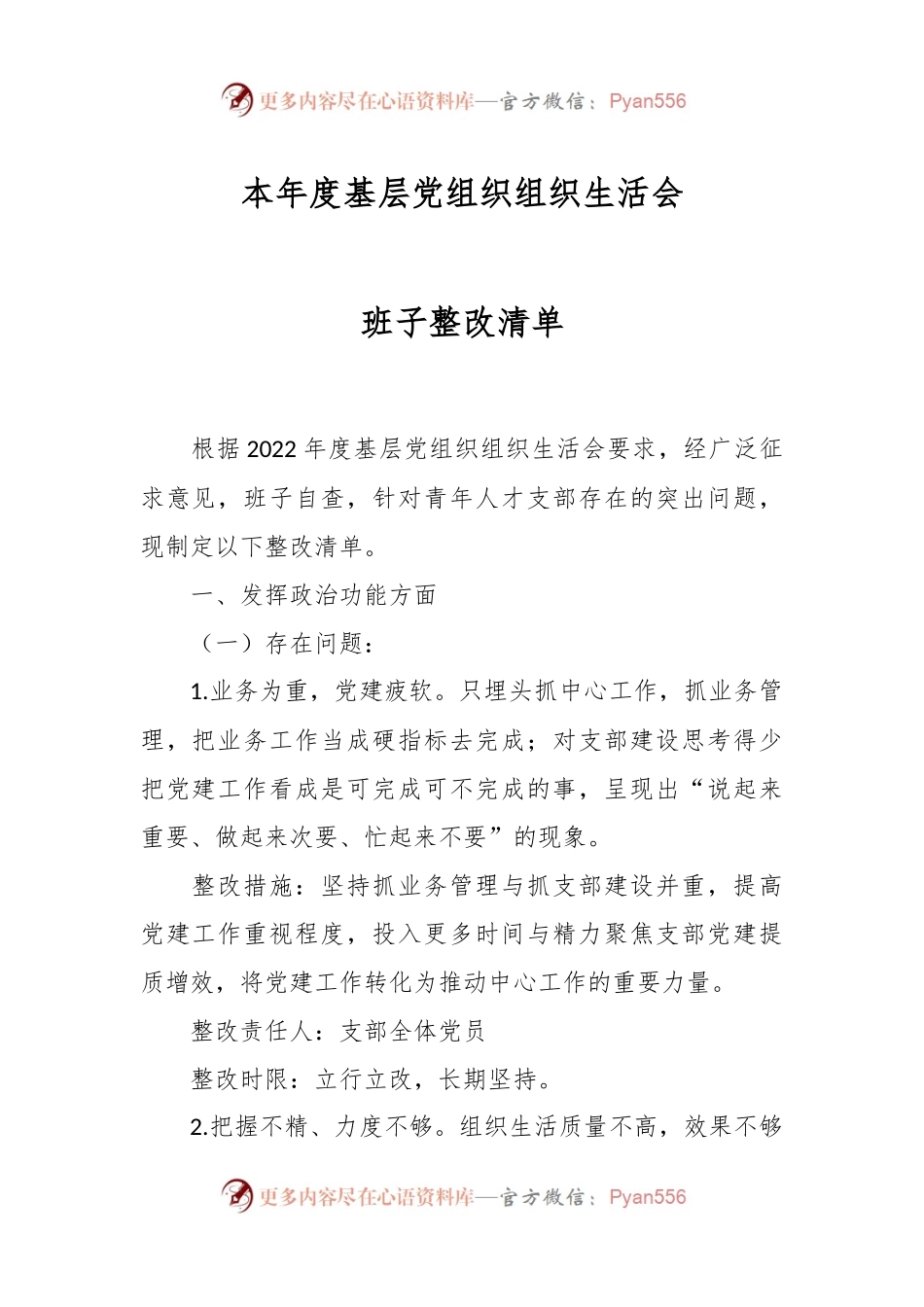 本年度基层党组织组织生活会班子整改清单.docx_第1页