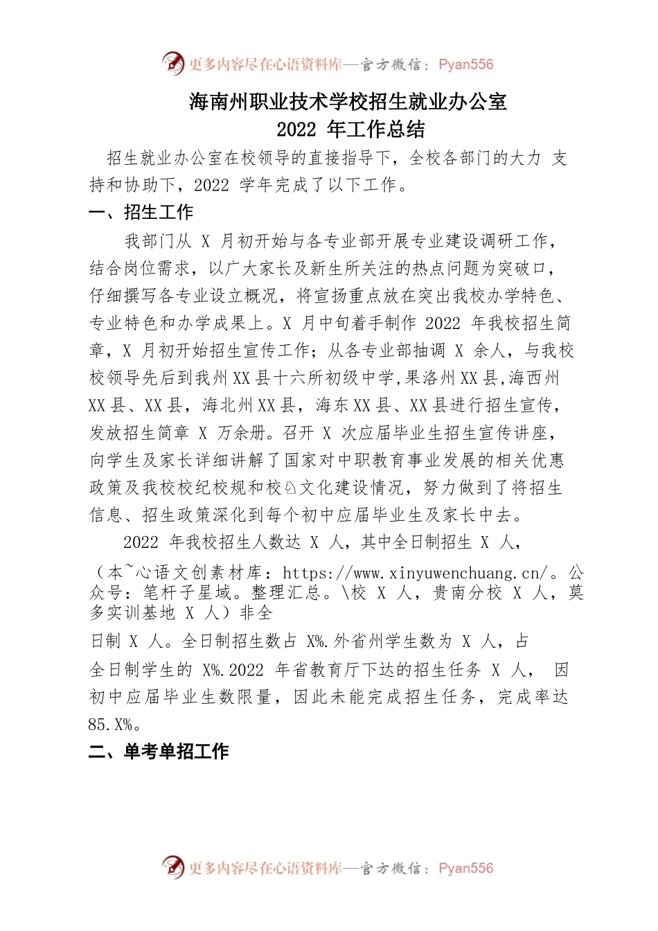 海南州职业技术学校招生就业办公室2022年工作总结.docx_第1页