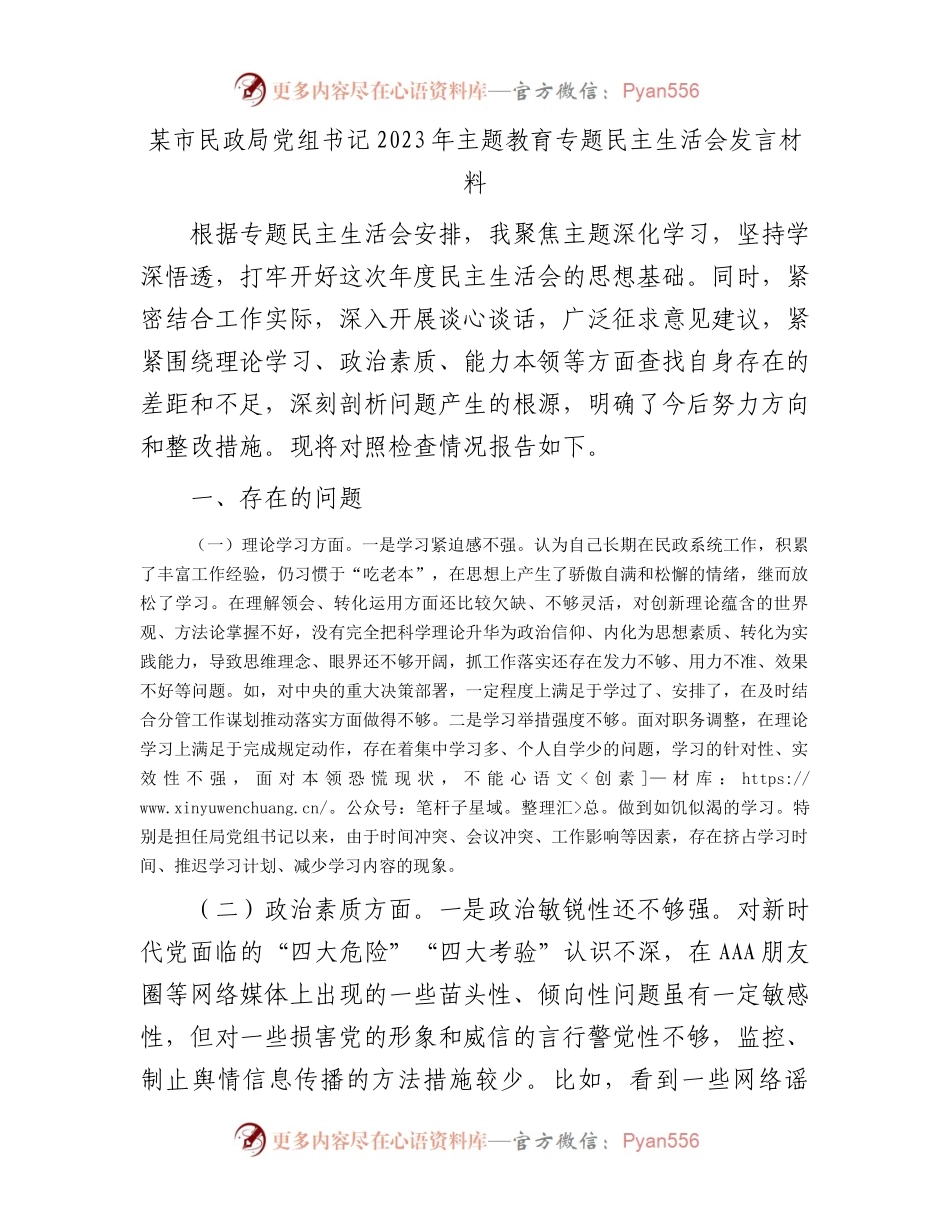 某市民政局党组书记2023年主题教育专题民主生活会发言材料(1).docx_第1页