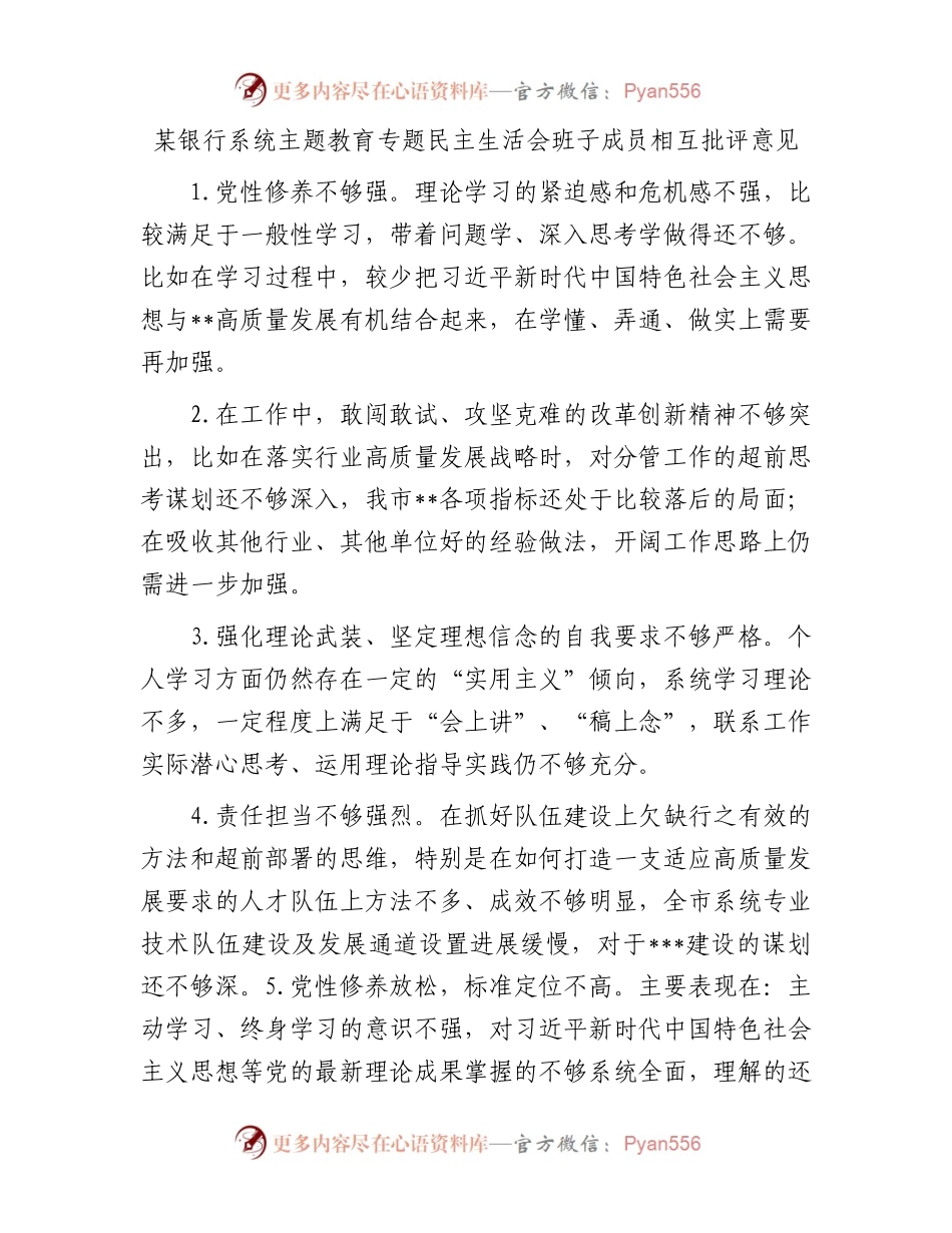 某银行系统主题教育专题民主生活会班子成员相互批评意见(1).docx_第1页