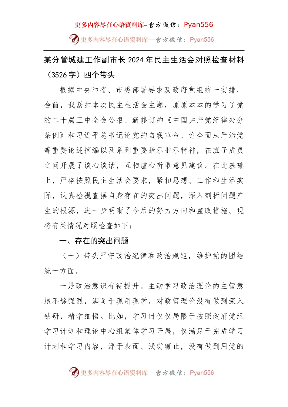 某分管城建工作副市长2024年民主生活会对照检查材料（3526字）四个带头.docx_第1页