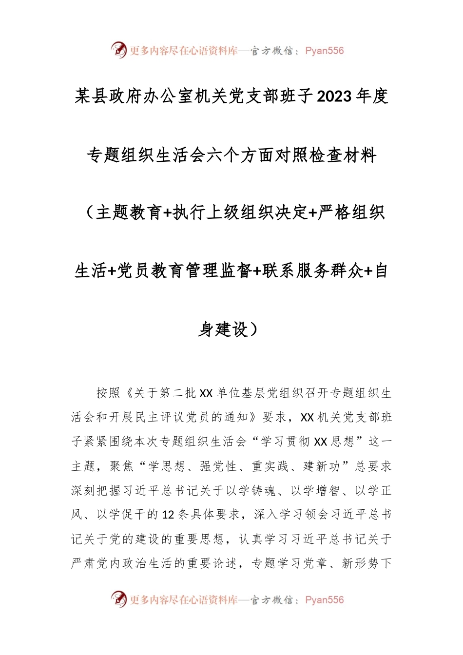 某县政府办公室机关党支部班子2023年度专题组织生活会六个方面对照检查材料（主题教育+执行上级组织决定+严格组织生活+党员教育管理监督+联系服务群众+自身建设）.docx_第1页