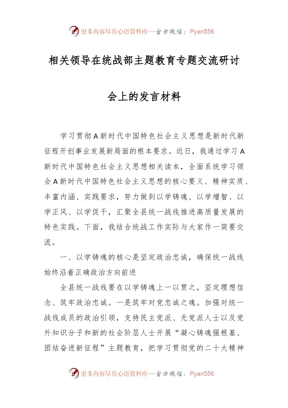 相关领导在统战部主题教育专题交流研讨会上的发言材料.docx_第1页