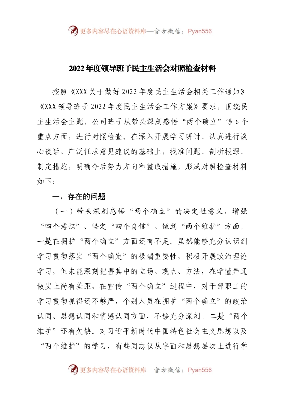 班子集团公司2022年度领导班子民主生活会对照检查材料.docx_第1页