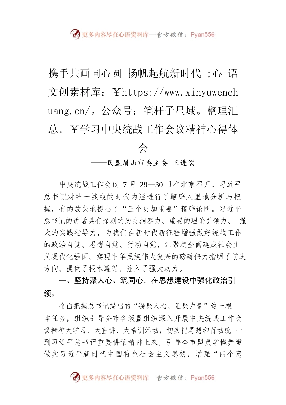 民盟眉山市委主委 王进儒：携手共画同心圆 扬帆起航新时代 学习中央统战工作会议精神心得体会（20220815）.docx_第1页