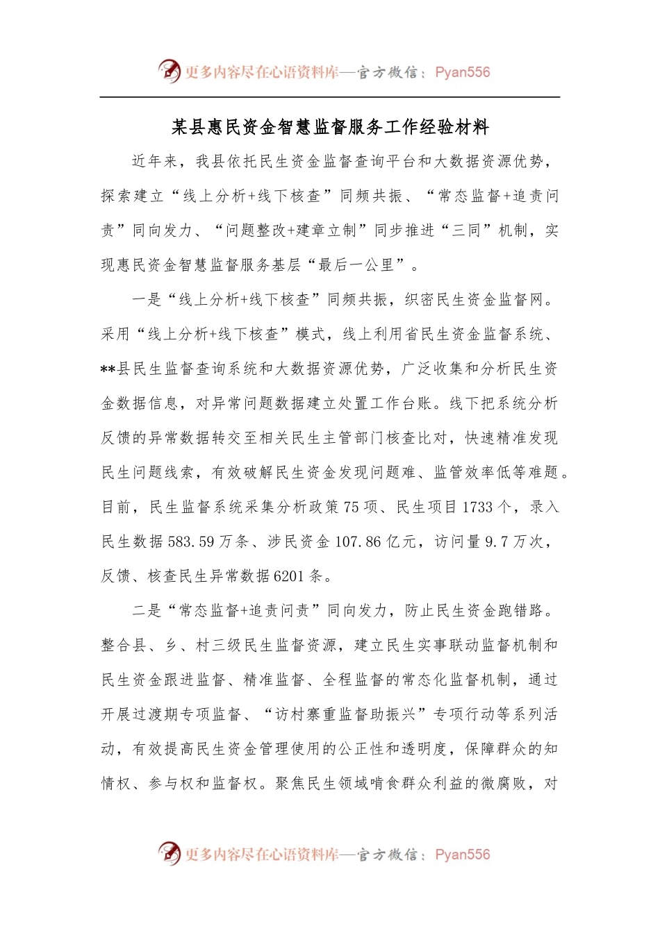 某县惠民资金智慧监督服务工作经验材料.docx_第1页