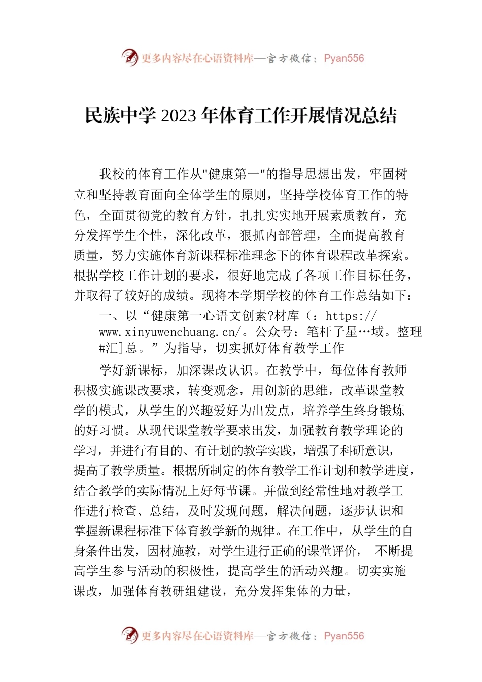 民族中学2023年体育工作开展情况总结.docx_第1页