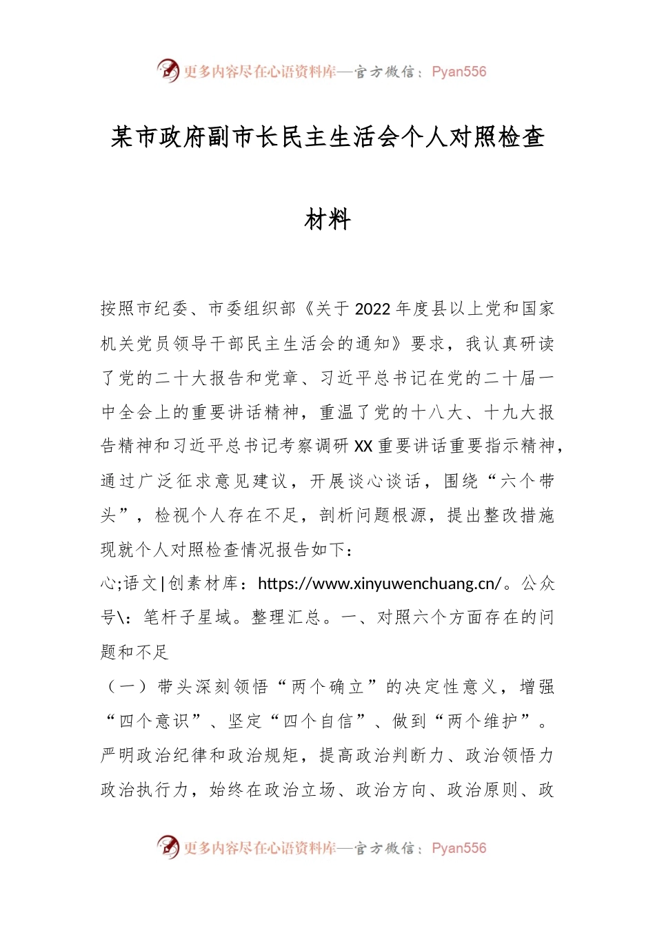 某市政府副市长民主生活会个人对照检查材料.docx_第1页
