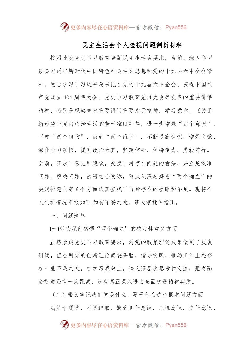 民主生活会个人检视问题剖析材料.docx_第1页