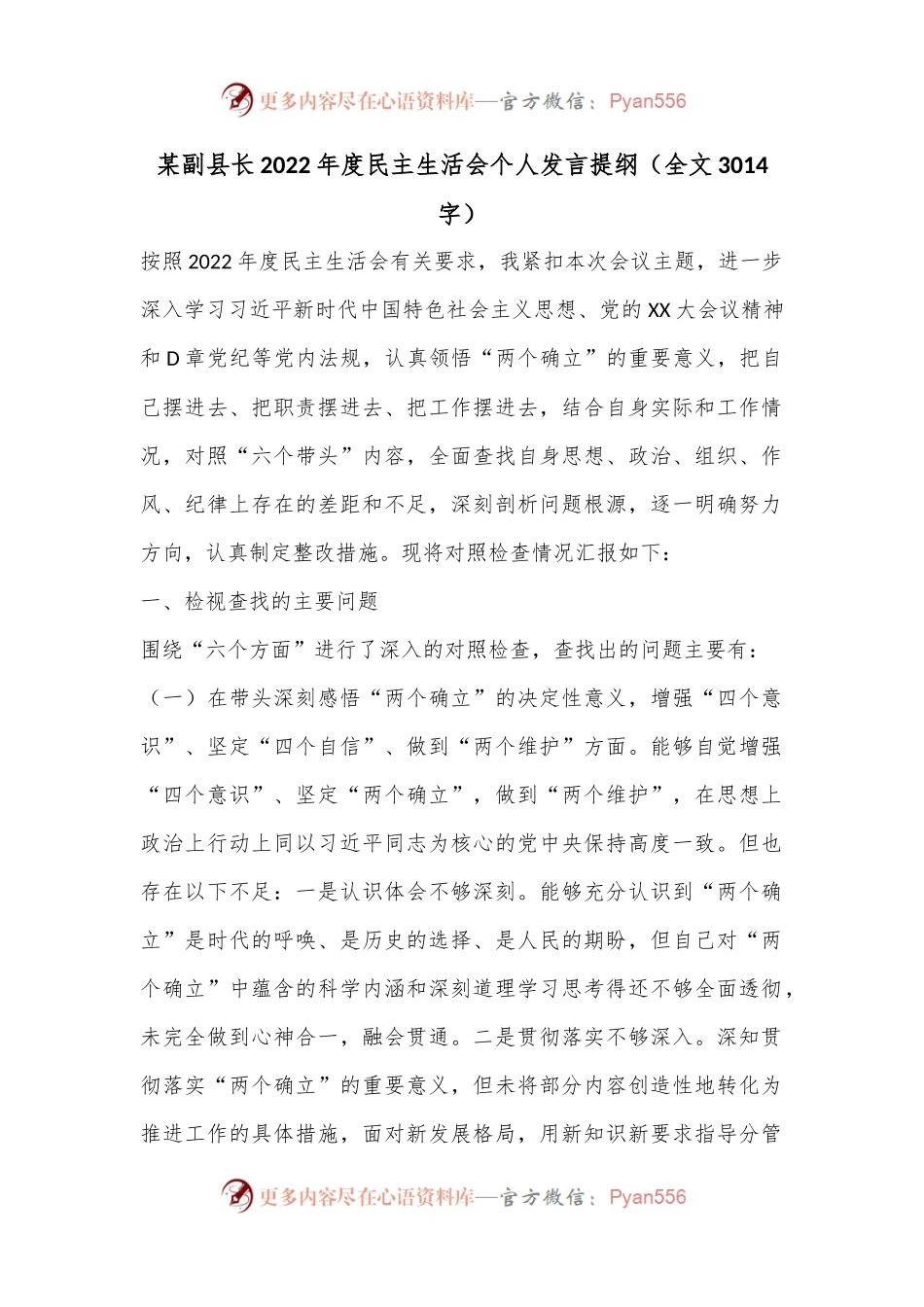 某副县长2022年度民主生活会个人发言提纲（全文3014字）.docx_第1页