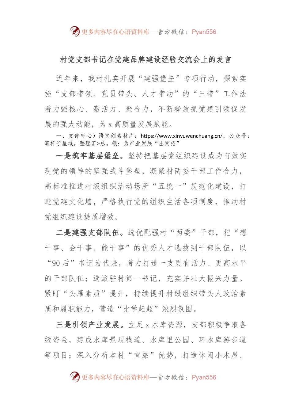 村党支部书记在党建品牌建设经验交流会上的发言.docx_第1页